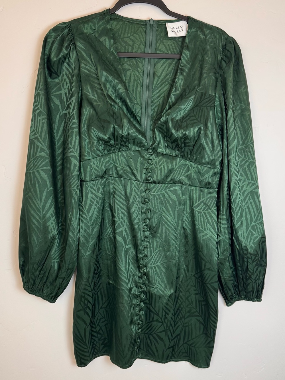 Hello Molly Heart Eyes Emerald Green Satin Palm Print Long Sleeve Mini Dress 12